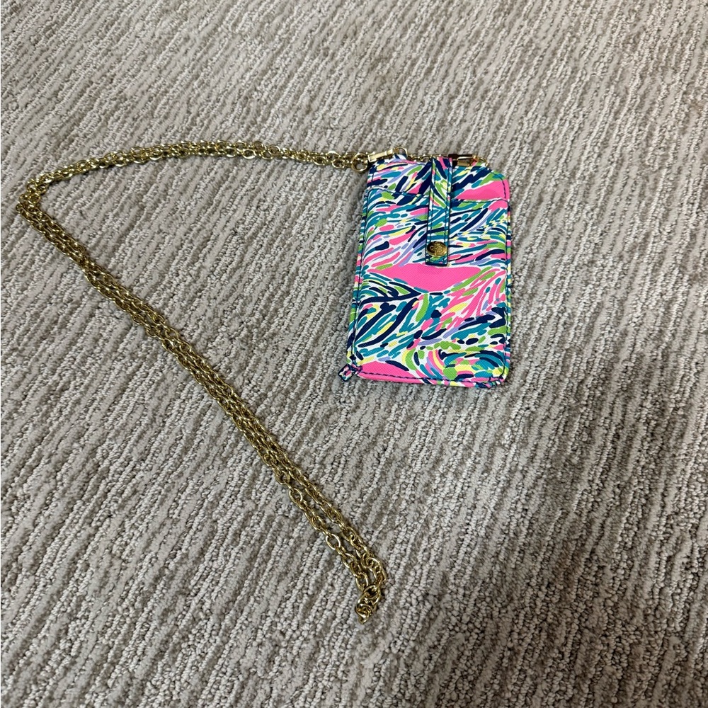 Lilly Pulitzer Pink and Blue Phone Holder with Gold Chain